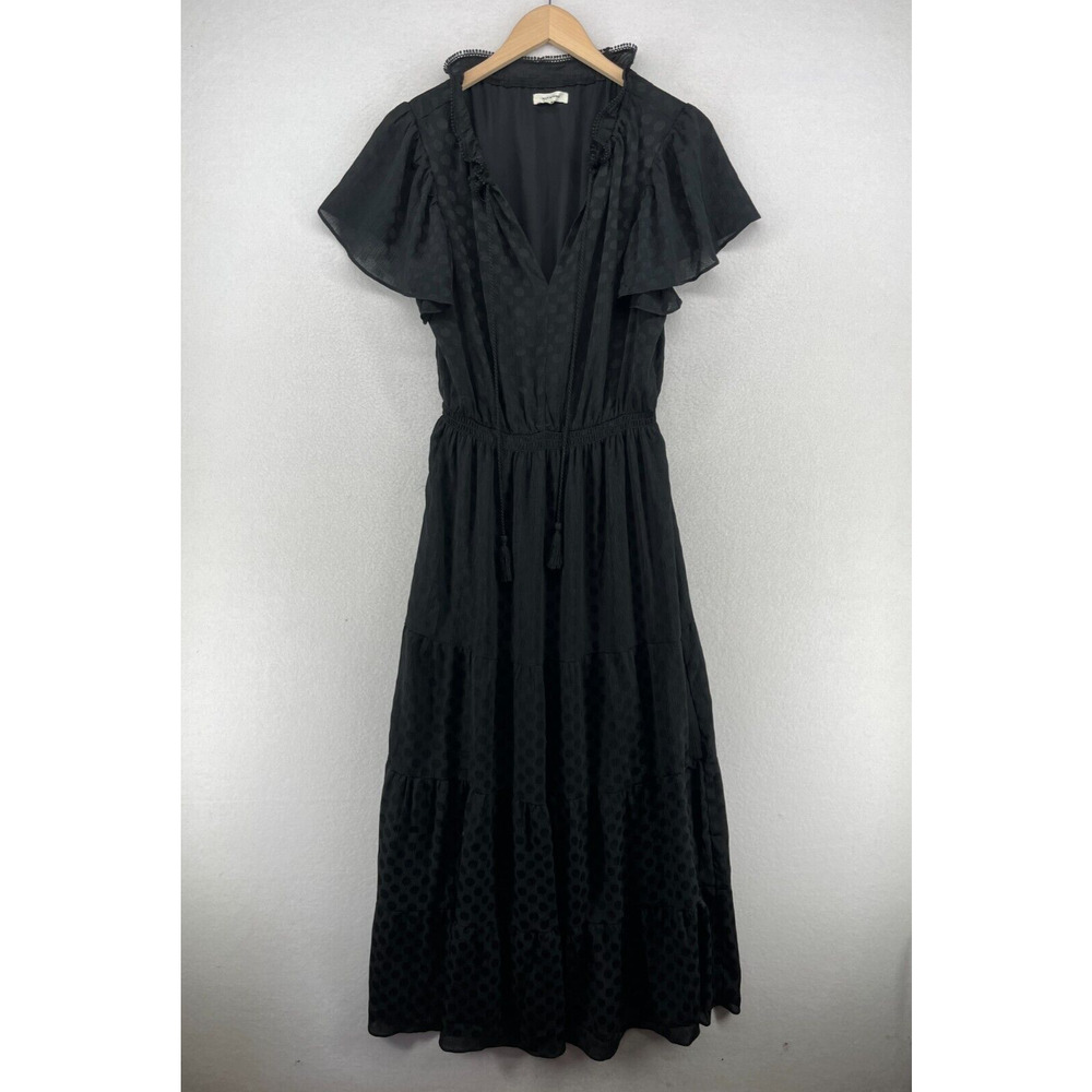 MAX STUDIO Dress L Pebble Crepe Polka Dot Tiered Maxi Flutter Sleeve Black